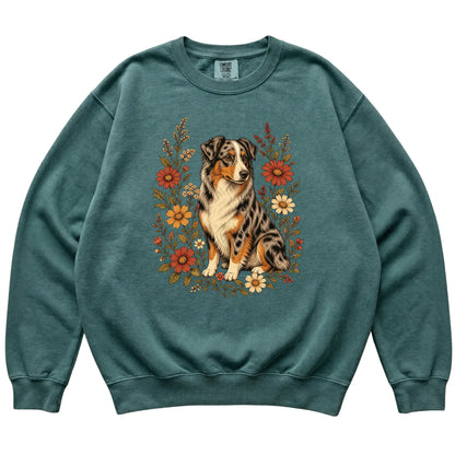 Blue Spruce Comfort Colors® sweatshirt with Australian Shepherd portrait and wildflowers, flat lay