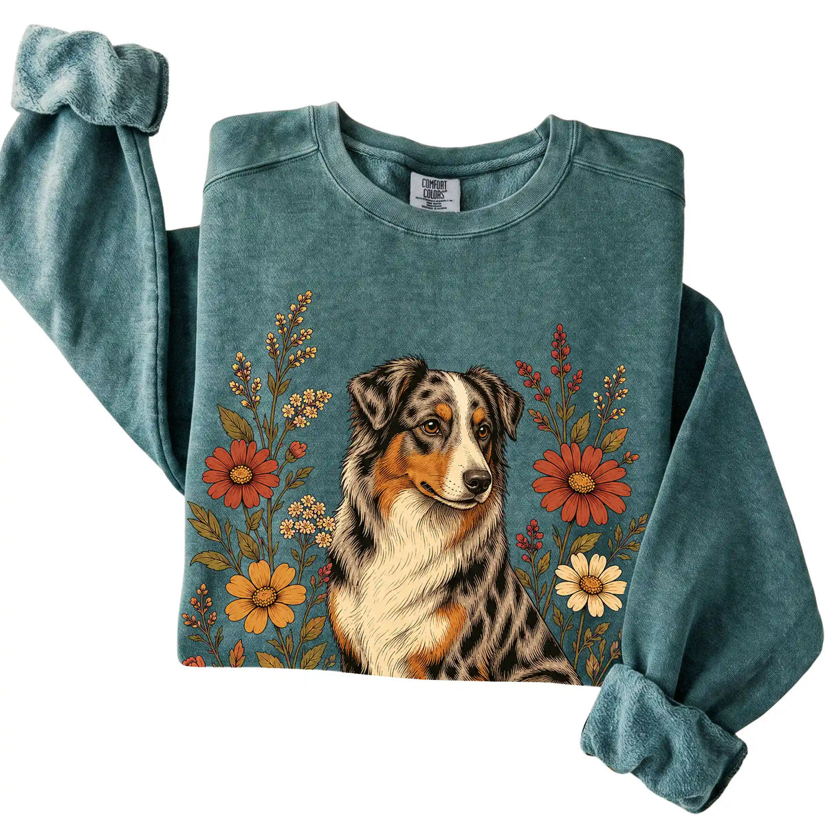Blue Spruce Comfort Colors® sweatshirt with Australian Shepherd portrait and wildflowers, folded view