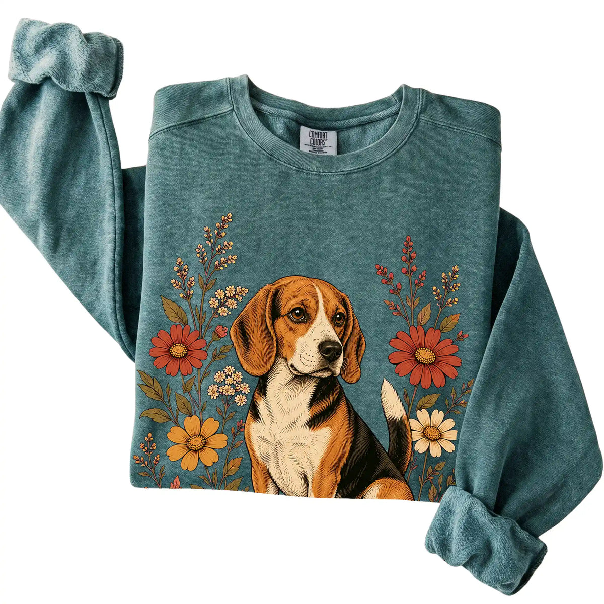 Blue Spruce Comfort Colors® sweatshirt with Beagle portrait and wildflowers, folded view