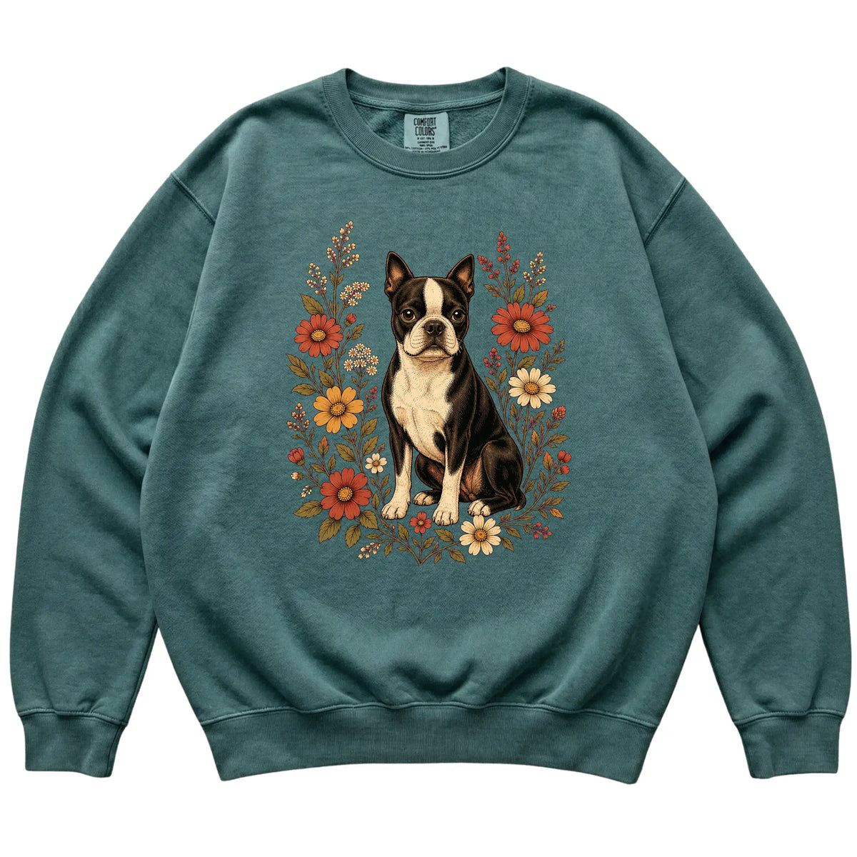 Blue Spruce Comfort Colors® sweatshirt with Boston Terrier portrait and wildflowers, flat lay