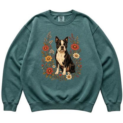 Blue Spruce Comfort Colors® sweatshirt with Boston Terrier portrait and wildflowers, flat lay
