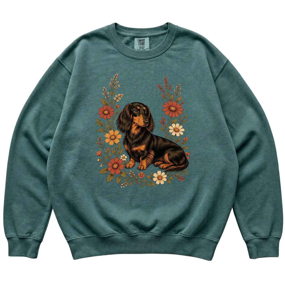 Blue Spruce Comfort Colors® sweatshirt with Dachshund portrait and wildflowers, flat lay
