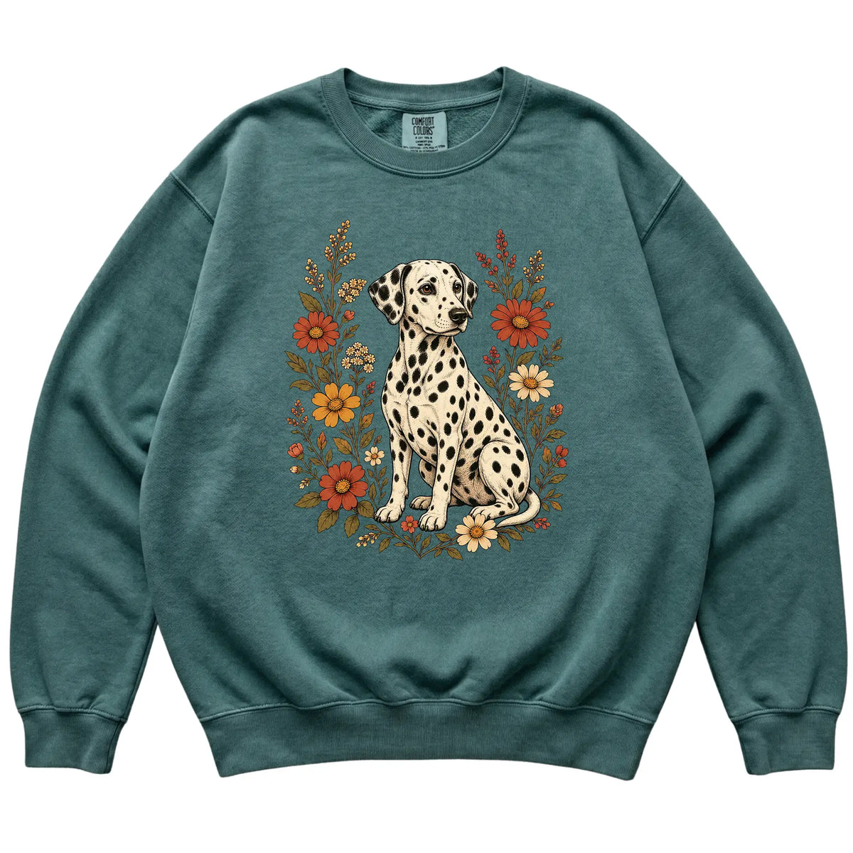 Blue Spruce Comfort Colors® sweatshirt with Dalmatian portrait and wildflowers, flat lay