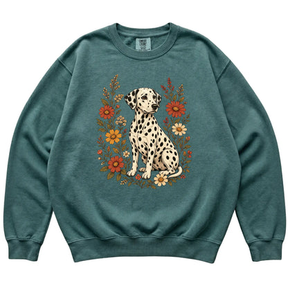 Blue Spruce Comfort Colors® sweatshirt with Dalmatian portrait and wildflowers, flat lay