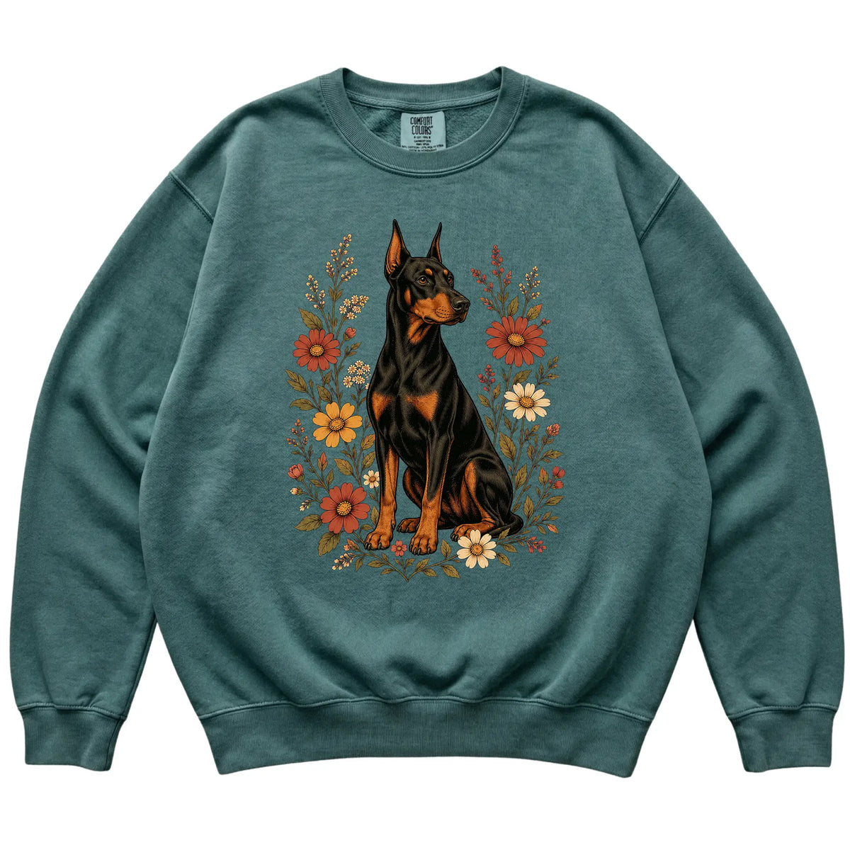 Blue Spruce Comfort Colors® sweatshirt with Doberman portrait and wildflowers, flat lay