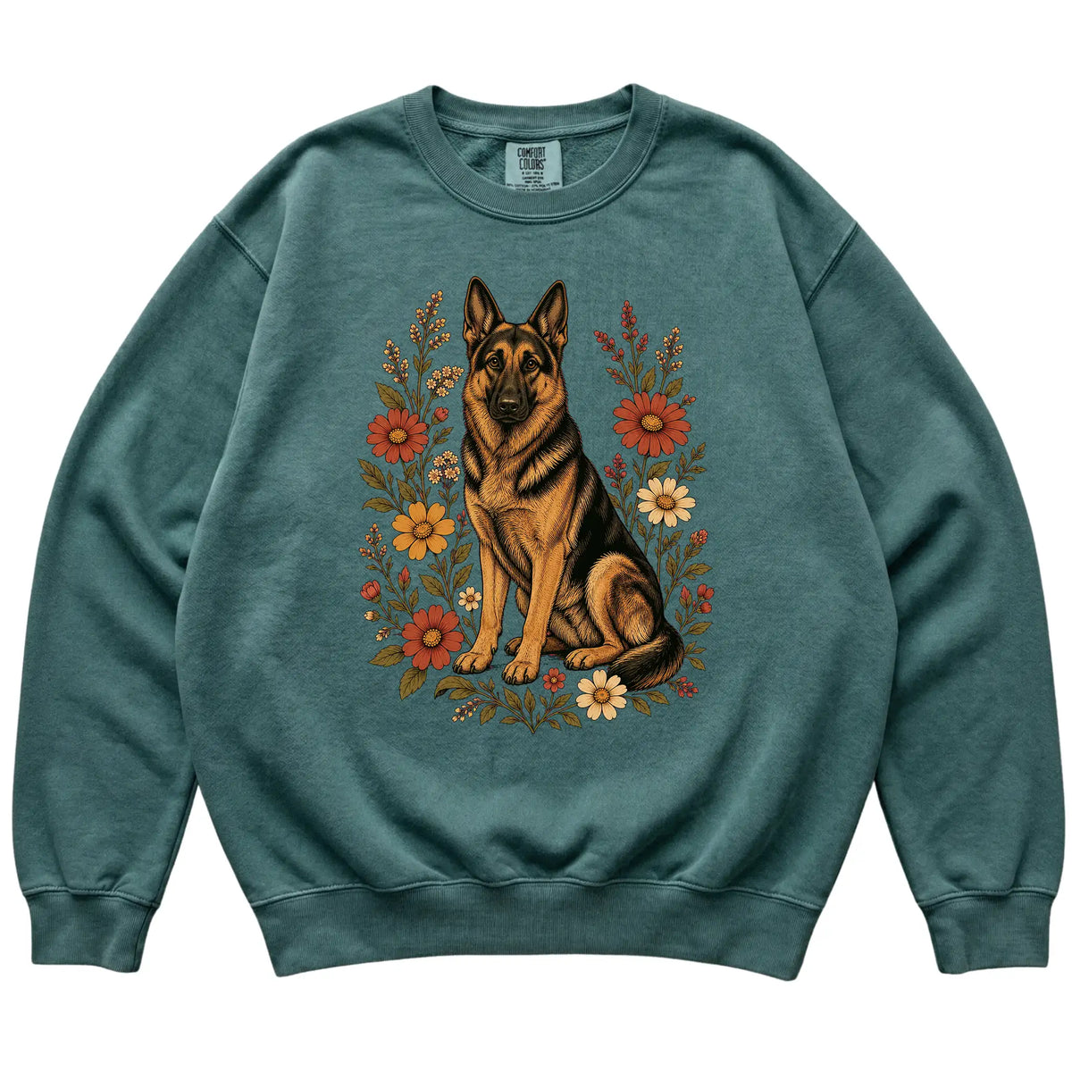 Blue Spruce Comfort Colors® sweatshirt with German Shepherd portrait and wildflowers, flat lay