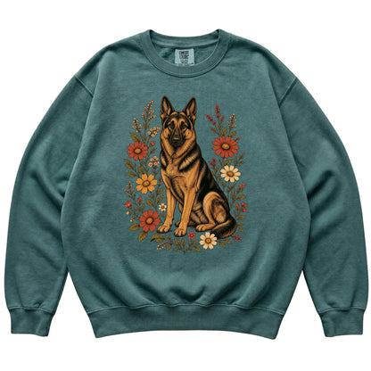 Blue Spruce Comfort Colors® sweatshirt with German Shepherd portrait and wildflowers, flat lay
