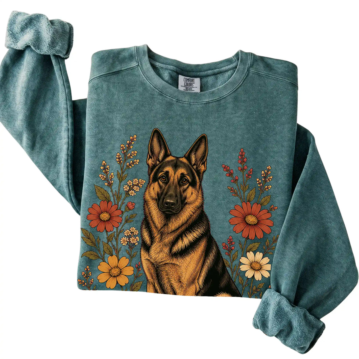 Blue Spruce Comfort Colors® sweatshirt with German Shepherd portrait and wildflowers, folded view