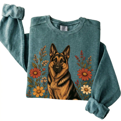 Blue Spruce Comfort Colors® sweatshirt with German Shepherd portrait and wildflowers, folded view