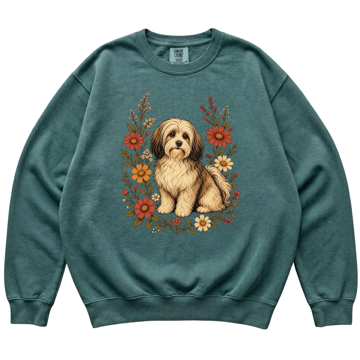Blue Spruce Comfort Colors® sweatshirt with Havanese portrait and wildflowers, flat lay