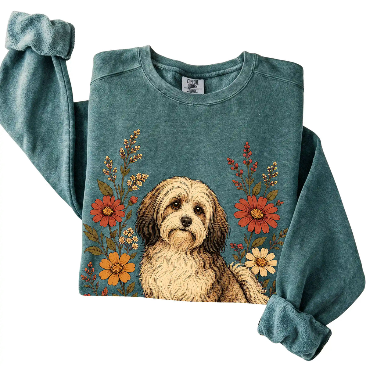 Blue Spruce Comfort Colors® sweatshirt with Havanese portrait and wildflowers, folded view