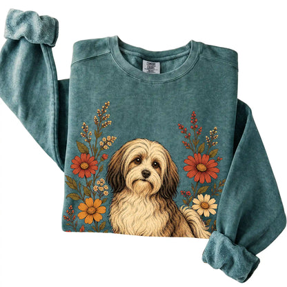 Blue Spruce Comfort Colors® sweatshirt with Havanese portrait and wildflowers, folded view
