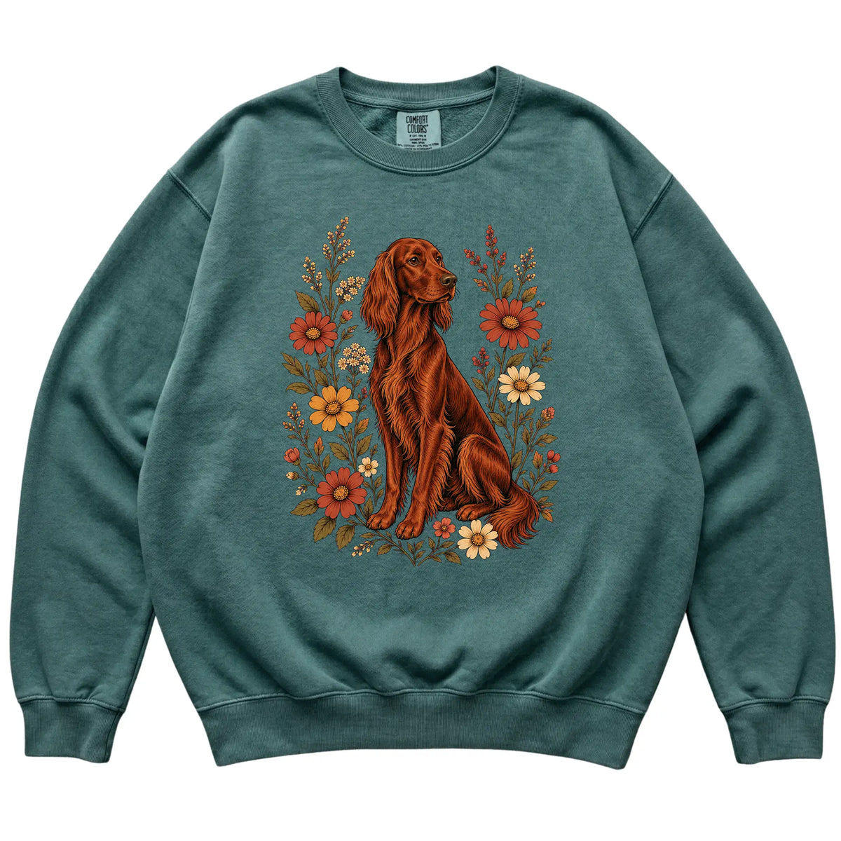 Blue Spruce Comfort Colors® sweatshirt with Irish Setter portrait and wildflowers, flat lay