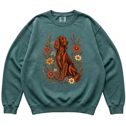Blue Spruce Comfort Colors® sweatshirt with Irish Setter portrait and wildflowers, flat lay