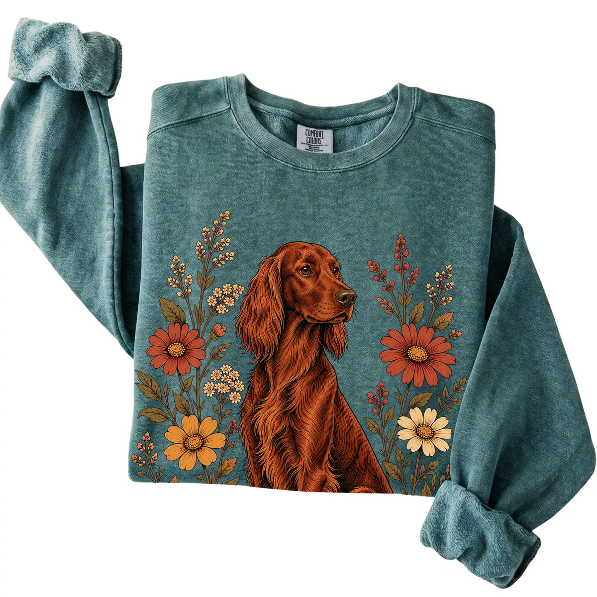 Blue Spruce Comfort Colors® sweatshirt with Irish Setter portrait and wildflowers, folded view