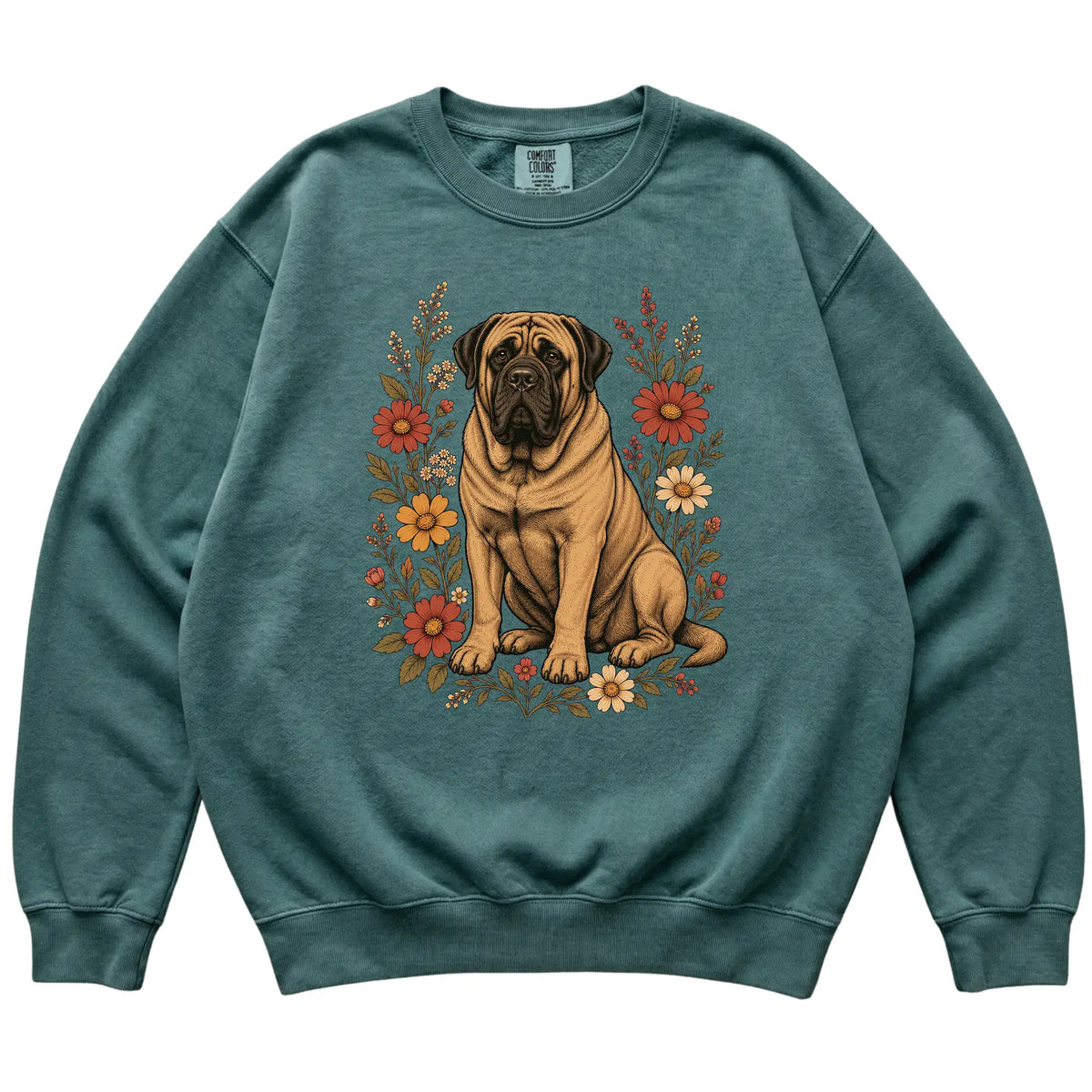 Blue Spruce Comfort Colors® sweatshirt with Mastiff portrait and wildflowers, flat lay