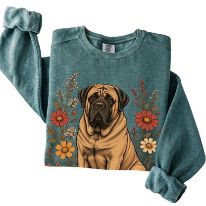 Blue Spruce Comfort Colors® sweatshirt with Mastiff portrait and wildflowers, folded view