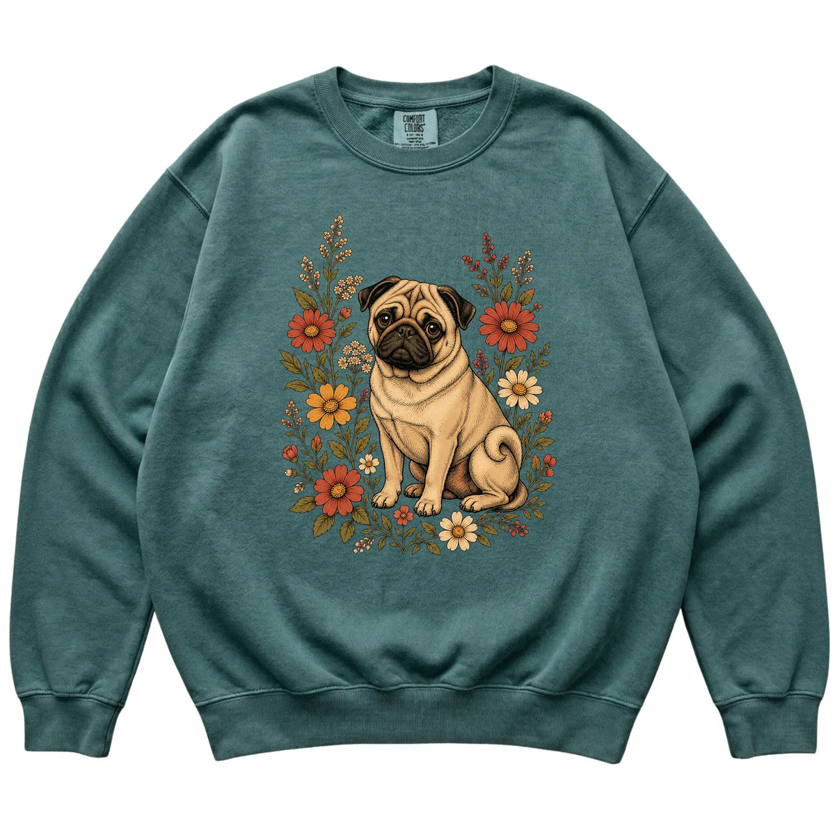 Blue Spruce Comfort Colors® sweatshirt with Pug portrait and wildflowers, flat lay