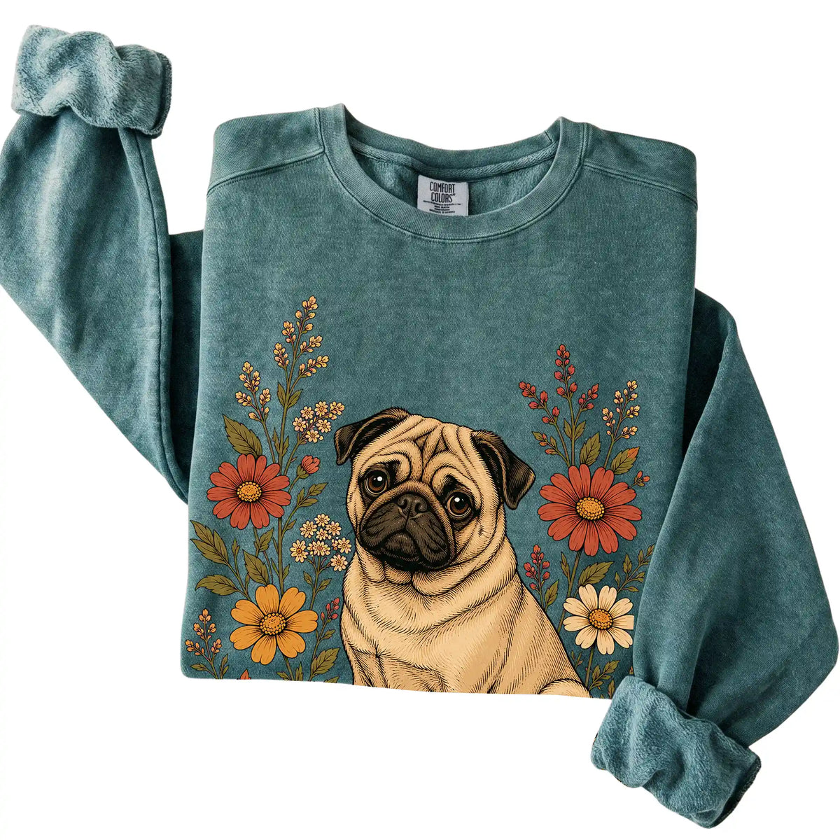 Blue Spruce Comfort Colors® sweatshirt with Pug portrait and wildflowers, folded view