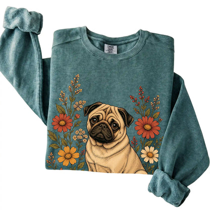 Blue Spruce Comfort Colors® sweatshirt with Pug portrait and wildflowers, folded view