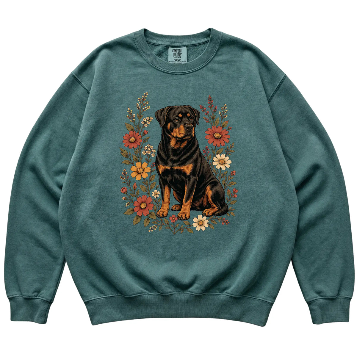 Blue Spruce Comfort Colors® sweatshirt with Rottweiler portrait and wildflowers, flat lay