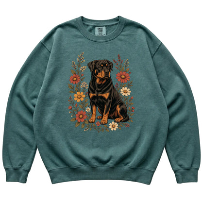 Blue Spruce Comfort Colors® sweatshirt with Rottweiler portrait and wildflowers, flat lay