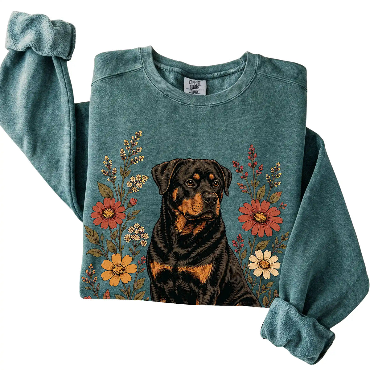 Blue Spruce Comfort Colors® sweatshirt with Rottweiler portrait and wildflowers, folded view