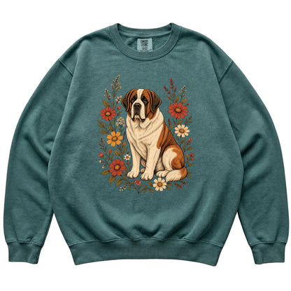 Blue Spruce Comfort Colors® sweatshirt with Saint Bernard portrait and wildflowers, flat lay