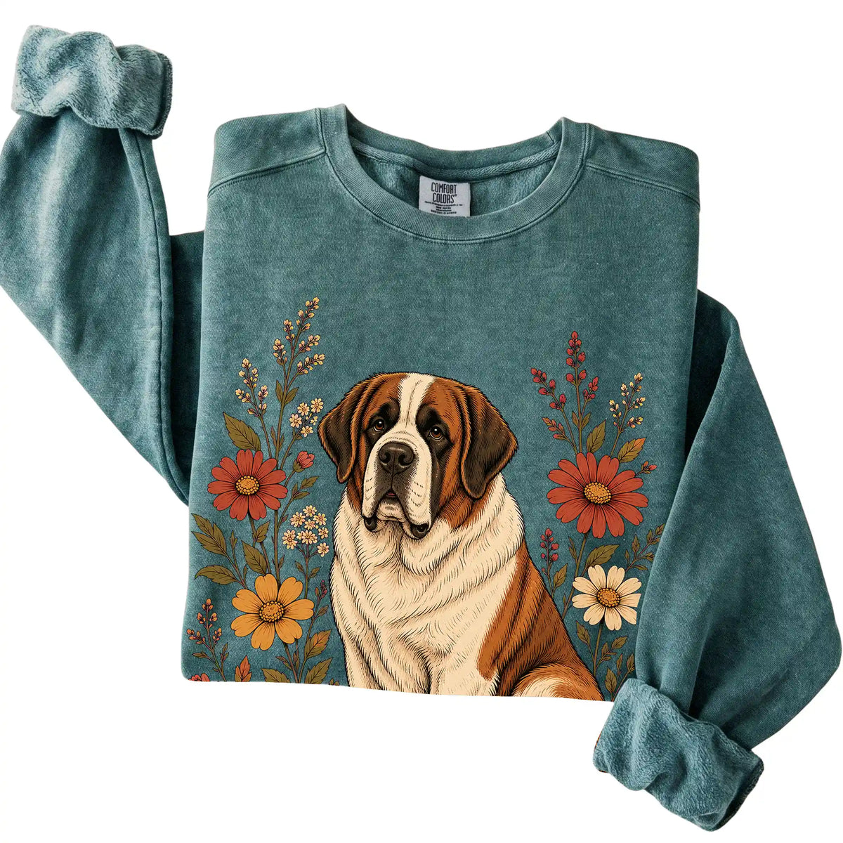 Blue Spruce Comfort Colors® sweatshirt with Saint Bernard portrait and wildflowers, folded view