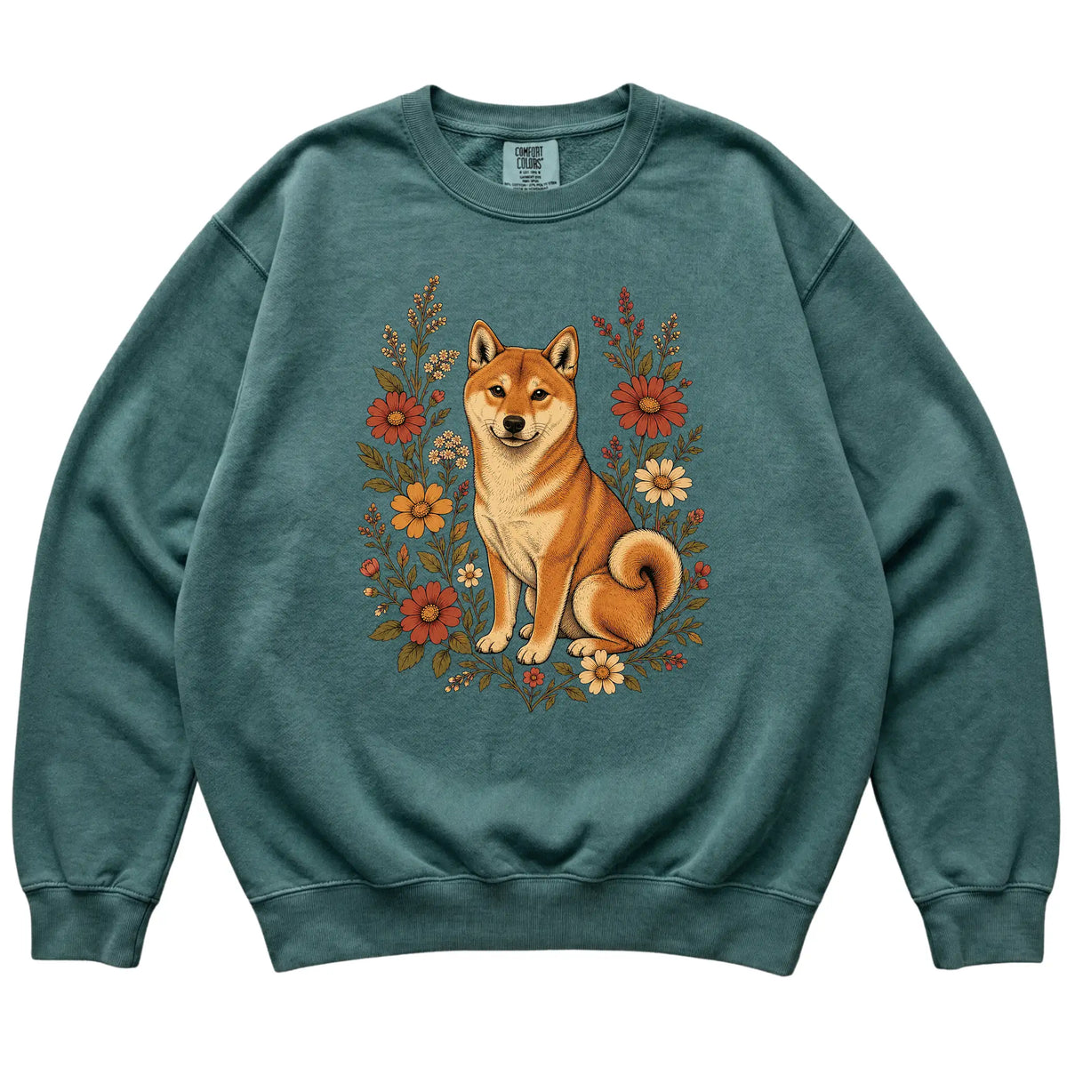 Blue Spruce Comfort Colors® sweatshirt with Shiba Inu portrait and wildflowers, flat lay