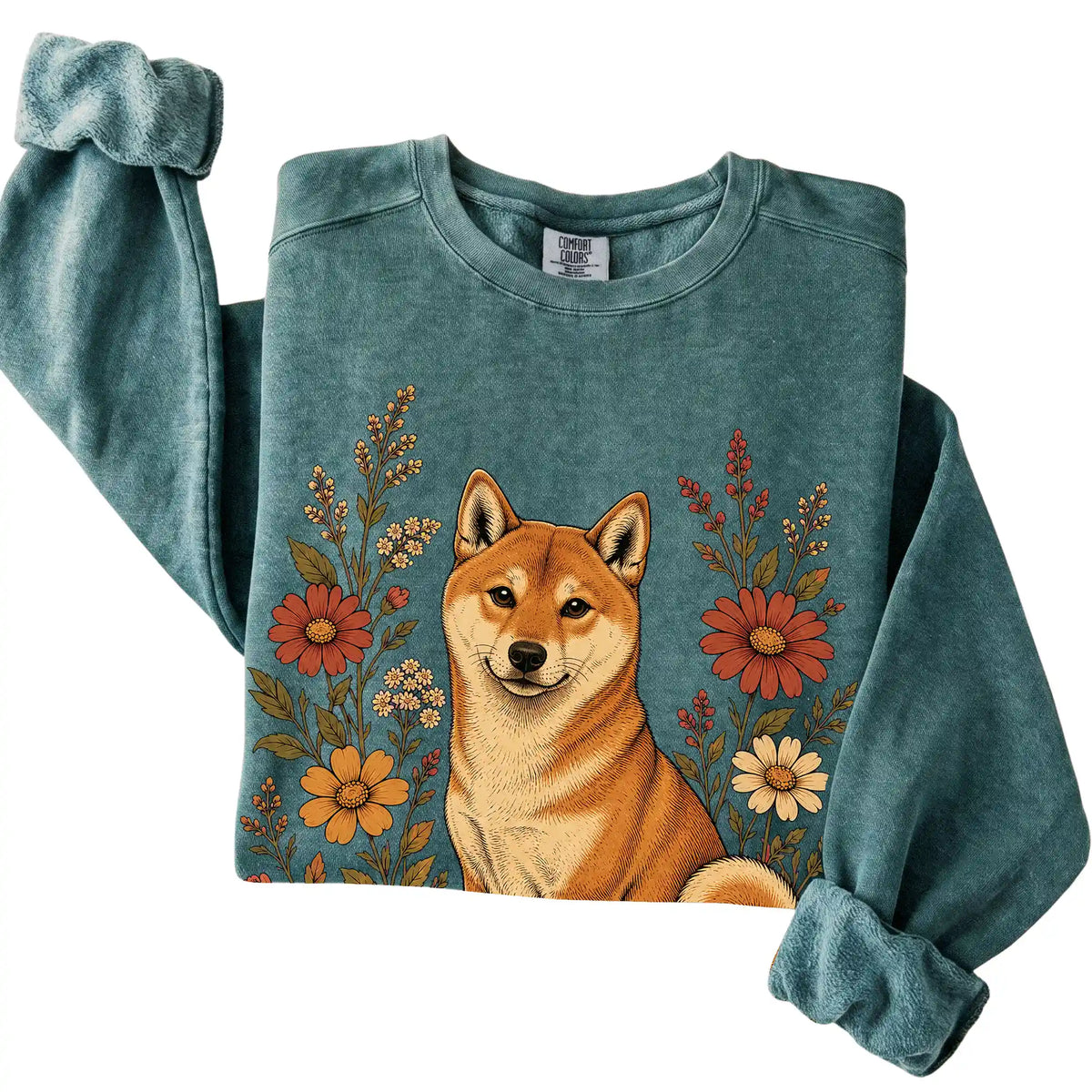 Blue Spruce Comfort Colors® sweatshirt with Shiba Inu portrait and wildflowers, folded view