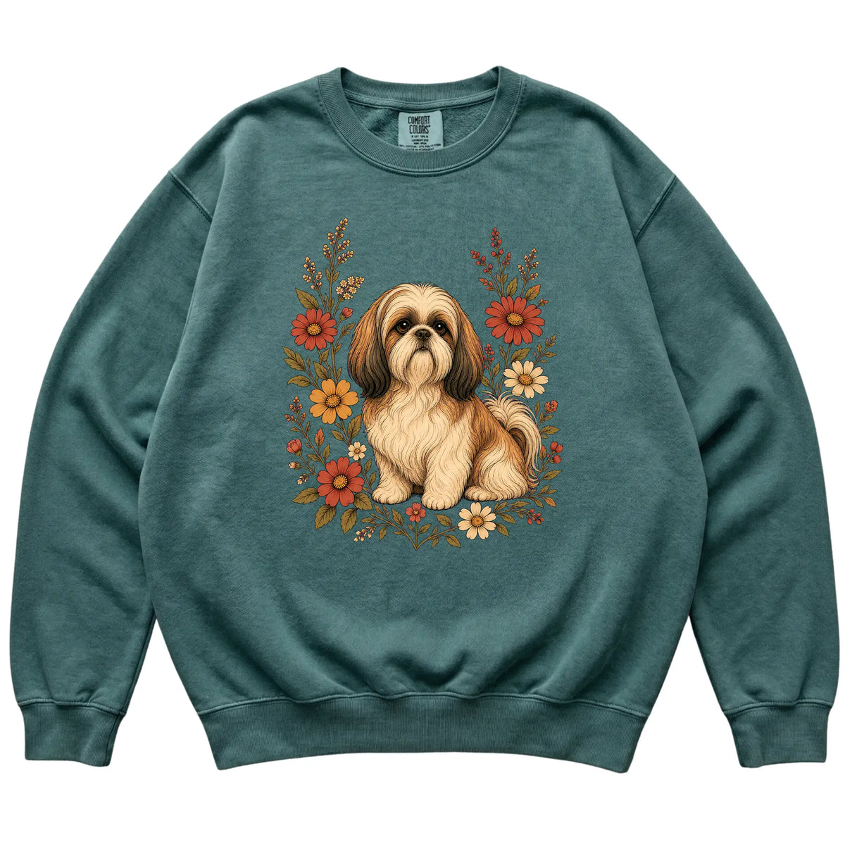 Blue Spruce Comfort Colors® sweatshirt with Shih Tzu portrait and wildflowers, flat lay