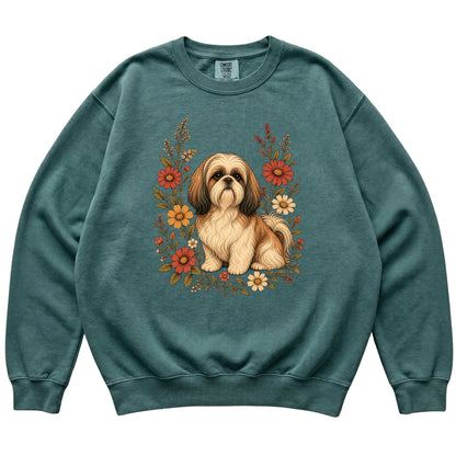 Blue Spruce Comfort Colors® sweatshirt with Shih Tzu portrait and wildflowers, flat lay
