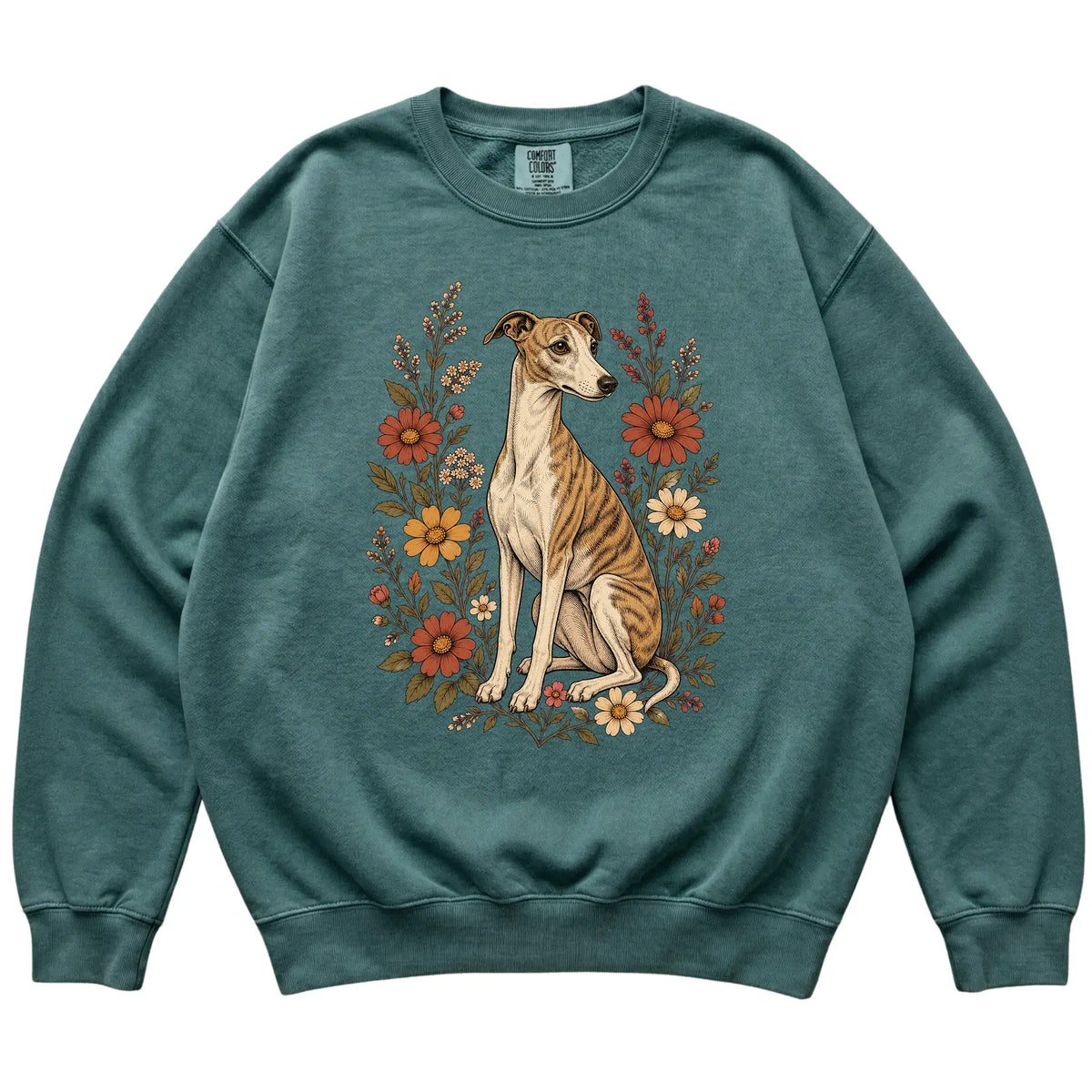 Blue Spruce Comfort Colors® sweatshirt with Whippet portrait and wildflowers, flat lay