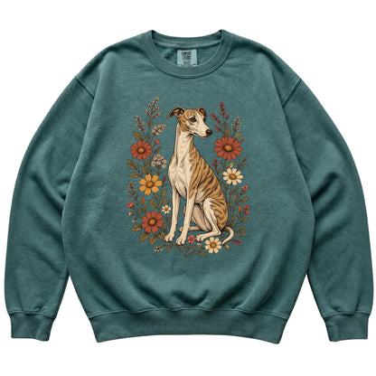 Blue Spruce Comfort Colors® sweatshirt with Whippet portrait and wildflowers, flat lay