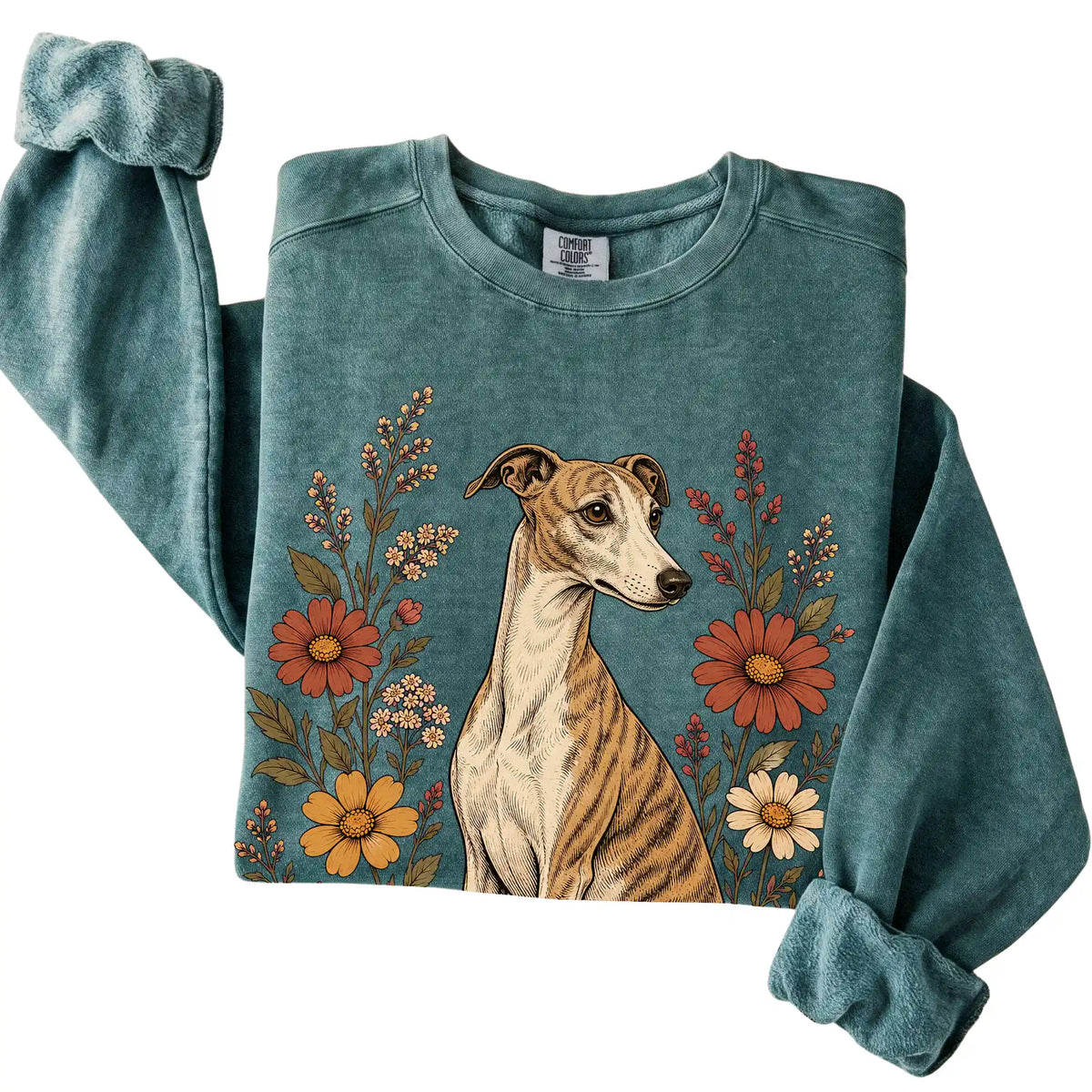 Blue Spruce Comfort Colors® sweatshirt with Whippet portrait and wildflowers, folded view