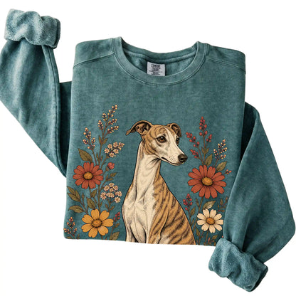 Blue Spruce Comfort Colors® sweatshirt with Whippet portrait and wildflowers, folded view