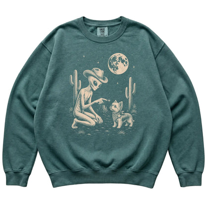Blue Spruce Comfort Colors® sweatshirt featuring Yorkie Cowboy and Alien, laid-flat presentation