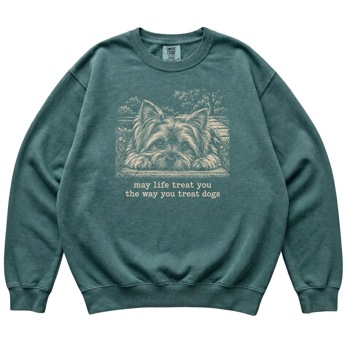 Yorkie Karma Comfort Colors sweatshirt in Blue Spruce — Flat Lay