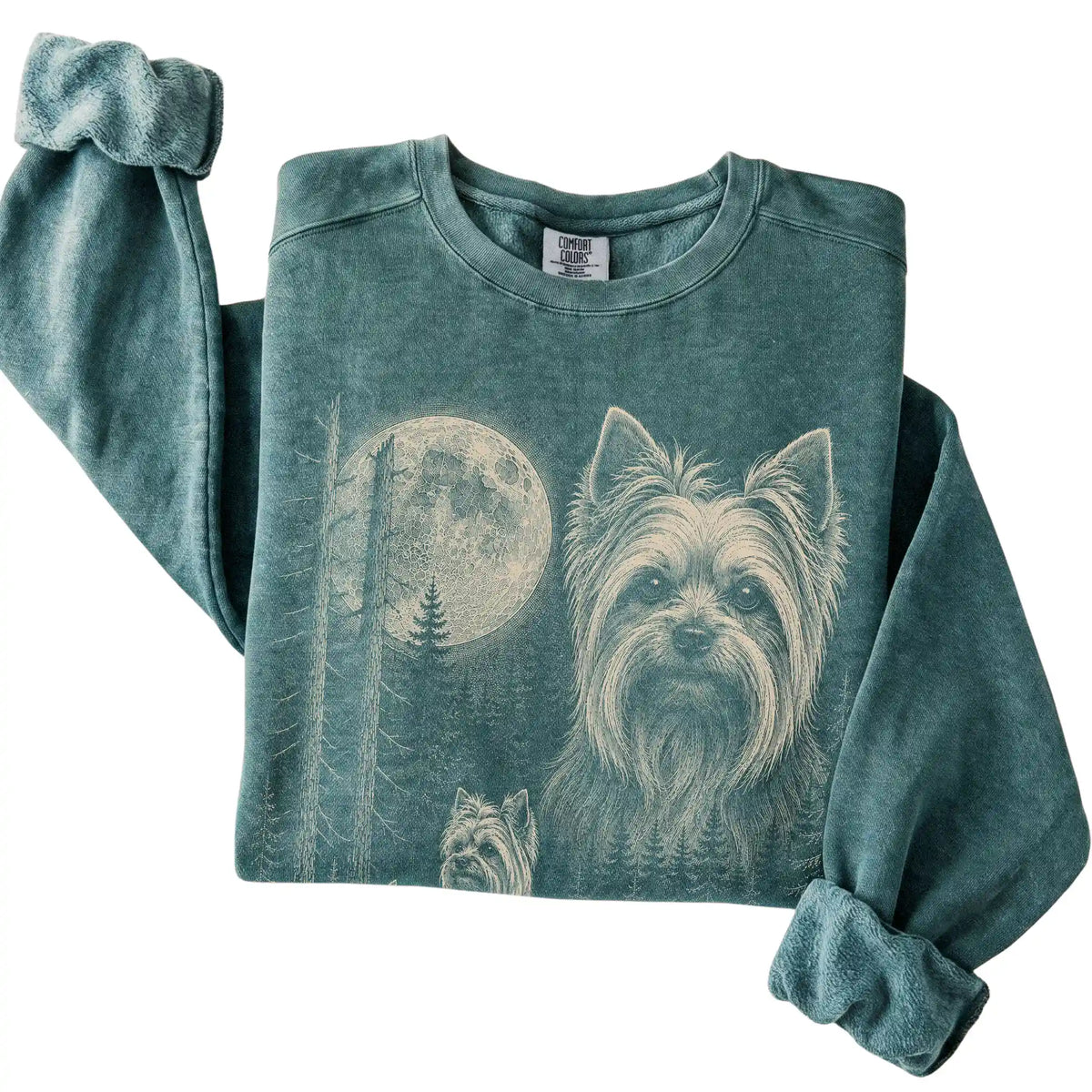 Blue Spruce Yorkie Moonlit Forest Comfort Colors sweatshirt, folded view