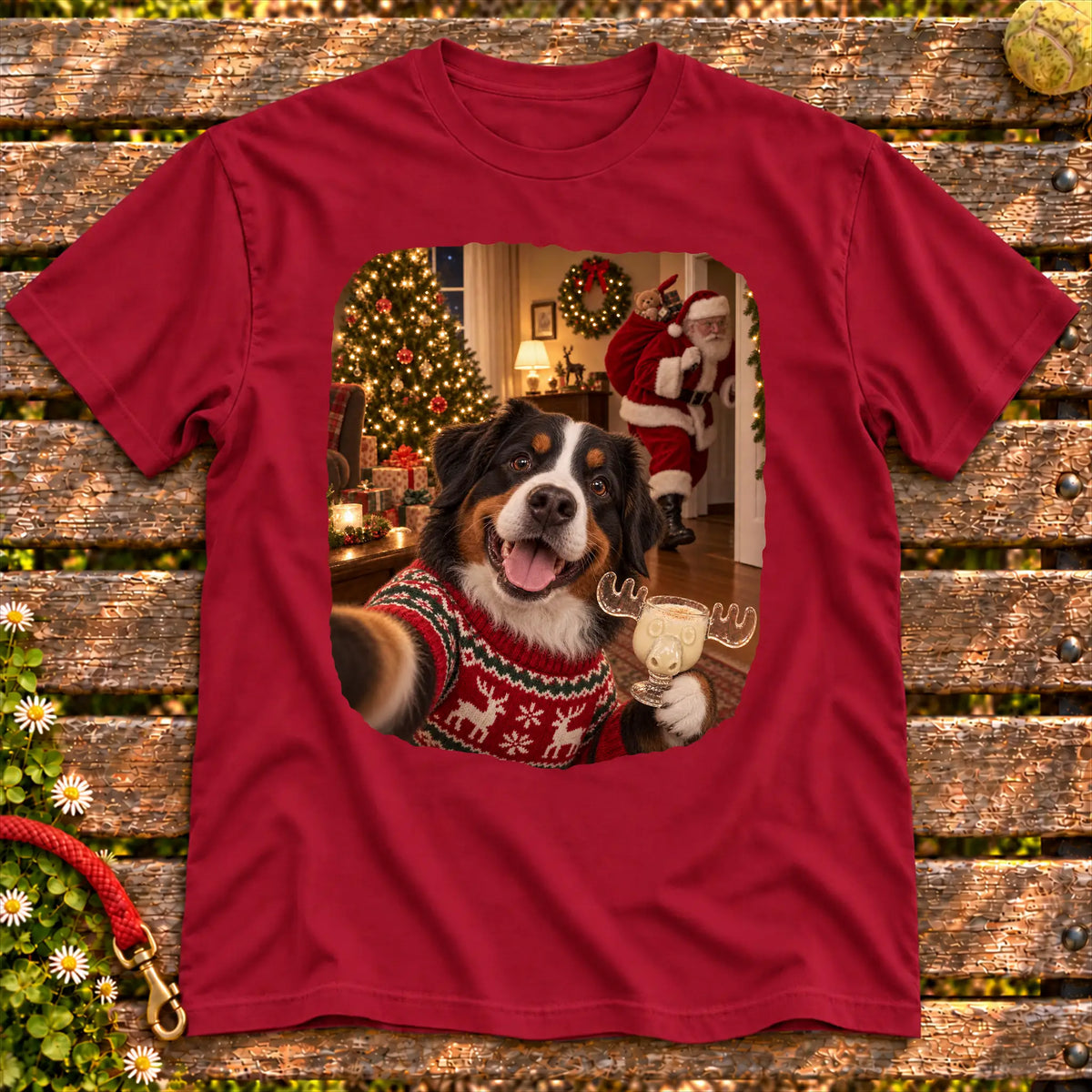 Bernese Mountain Dog Eggnog Selfie design on a Cardinal Red Gildan® T-shirt