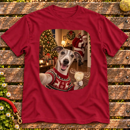 Whippet Eggnog Selfie design on a Cardinal Red Gildan® T-shirt