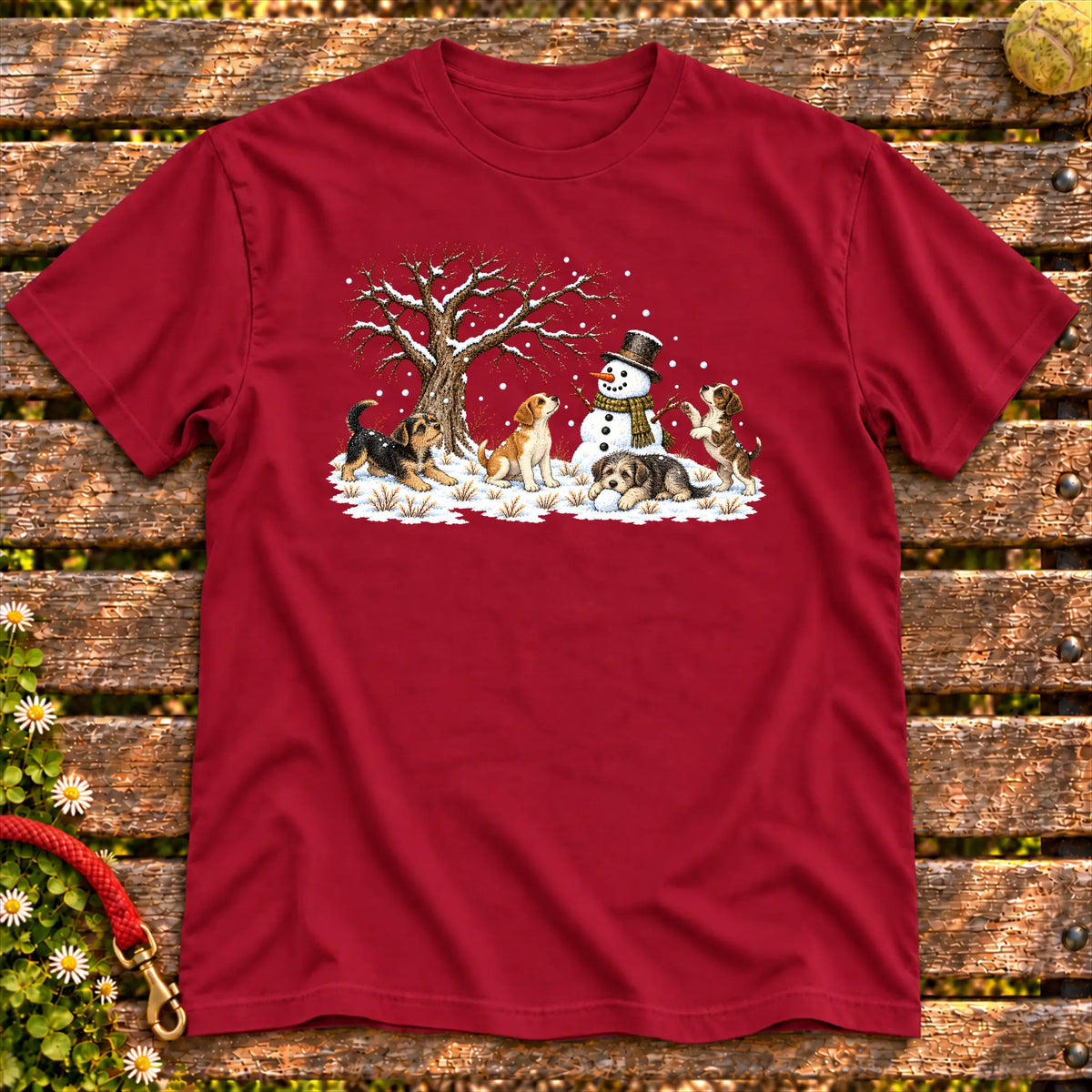 Four rescue puppies playing beside a snowman on Cardinal Red T-shirt