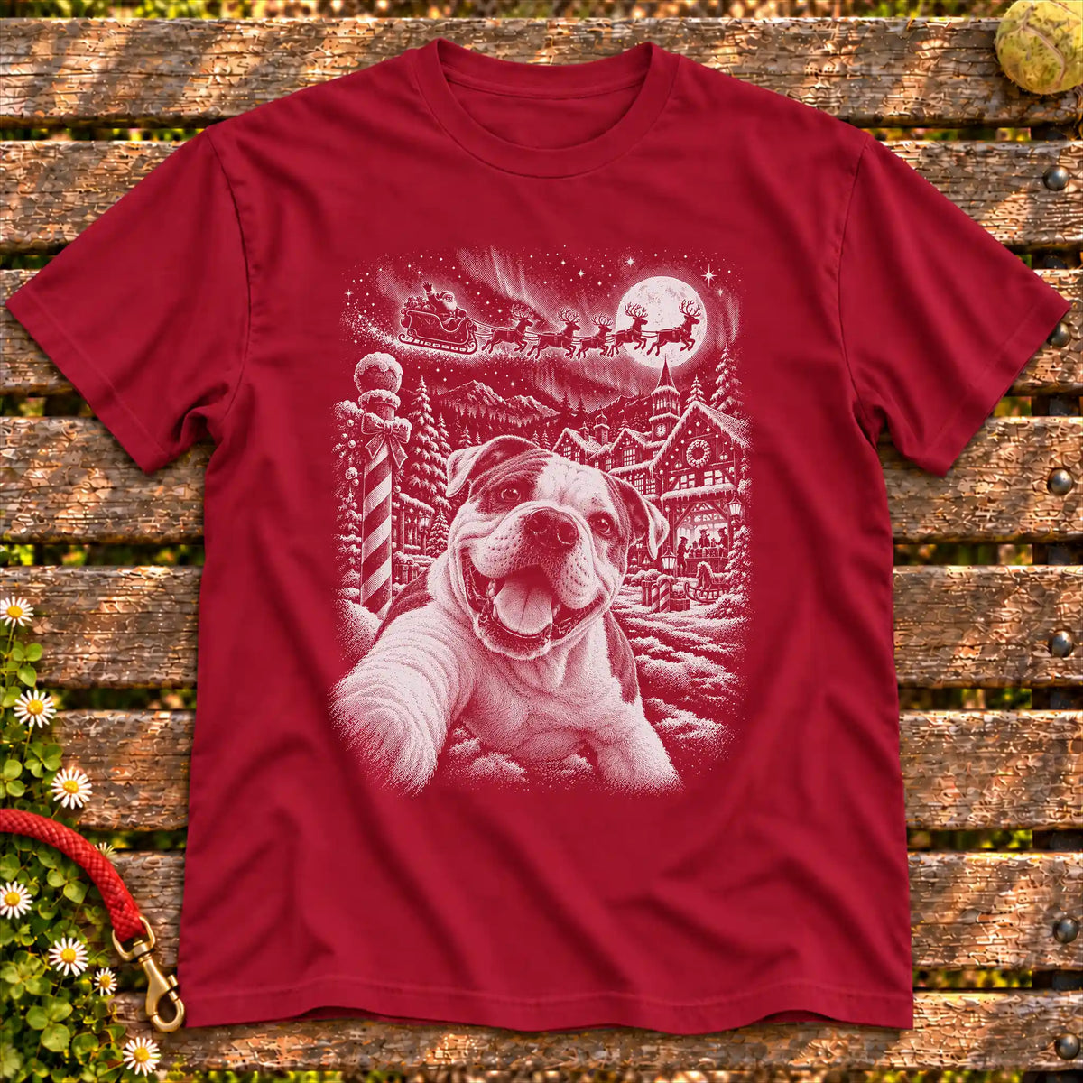 American Bulldog Santa Selfie design on a Cardinal Red T-shirt