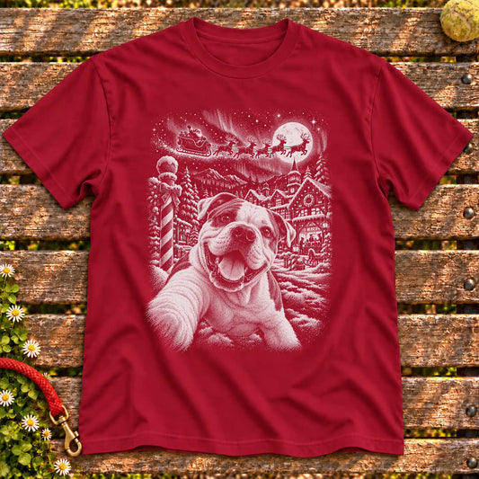 American Bulldog Santa Selfie design on a Cardinal Red T-shirt
