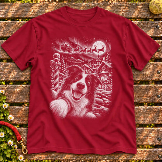 Border Collie Santa Selfie design on a Cardinal Red T-shirt