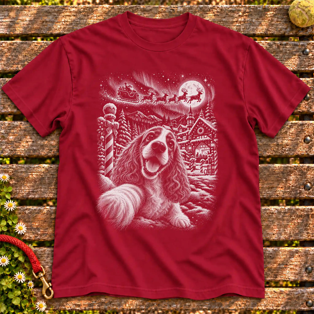 Cocker Spaniel Santa Selfie design on a Cardinal Red T-shirt