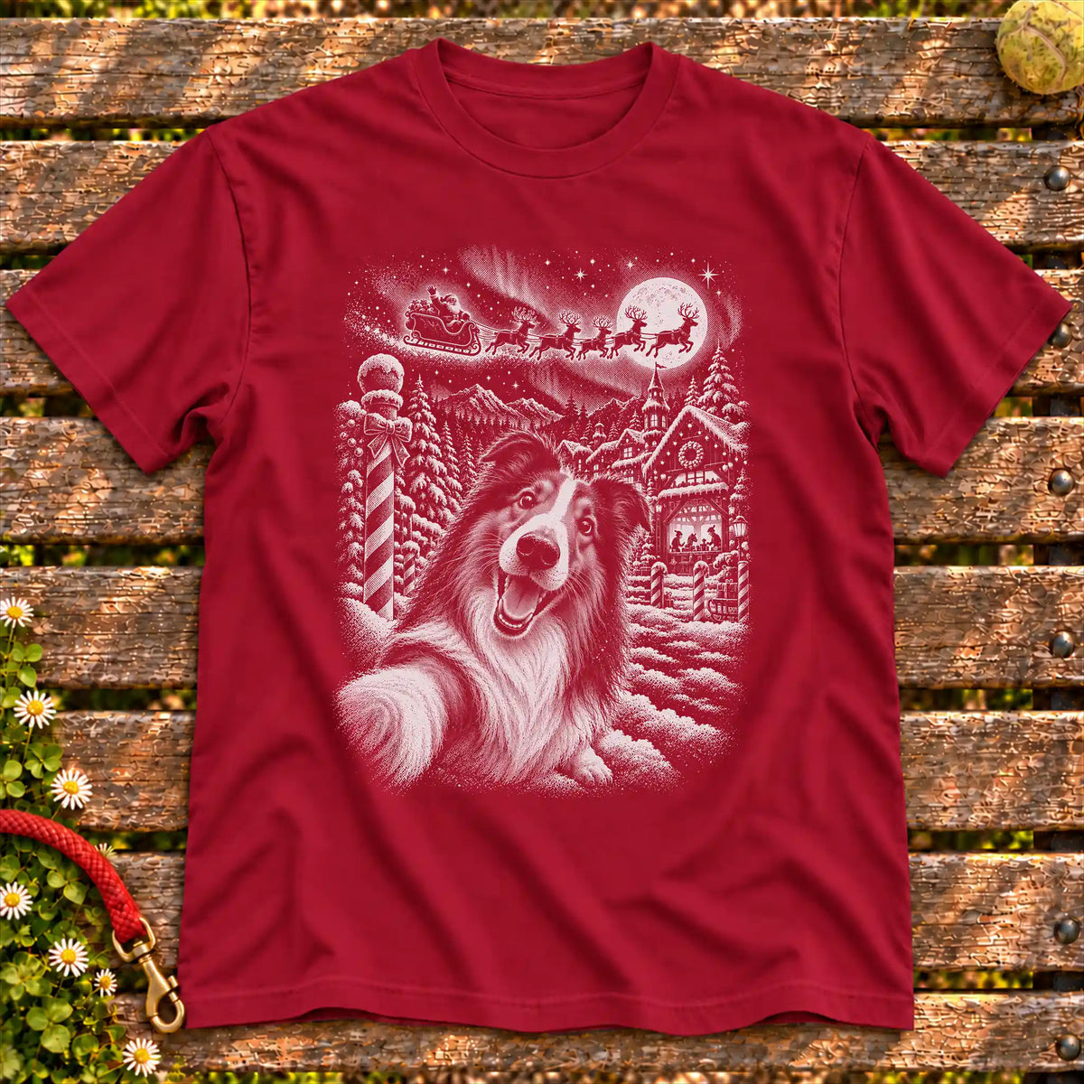 Collie Santa Selfie design on a Cardinal Red T-shirt
