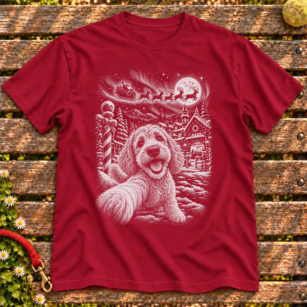 Goldendoodle Santa Selfie design on a Cardinal Red T-shirt