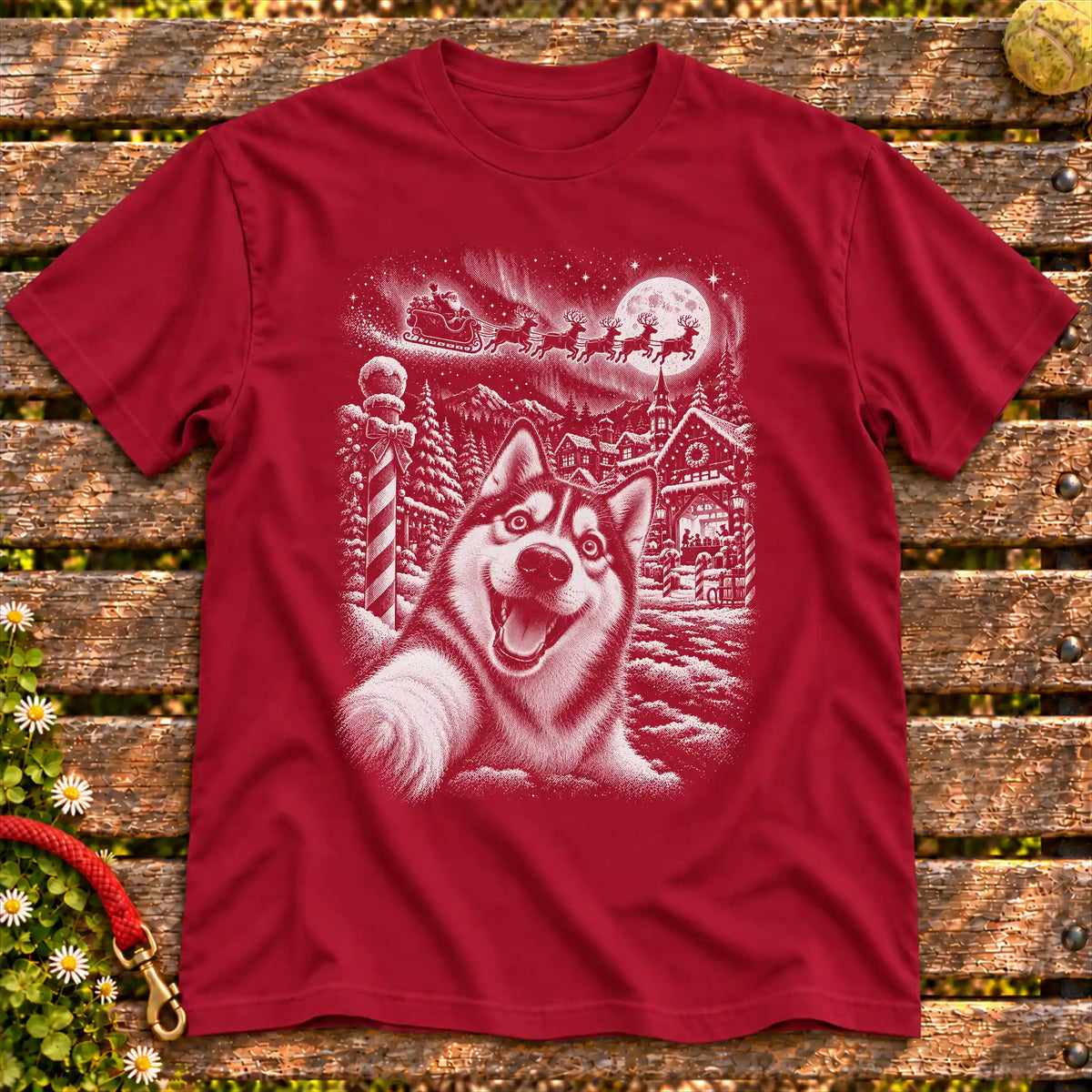 Husky Santa Selfie design on a Cardinal Red T-shirt